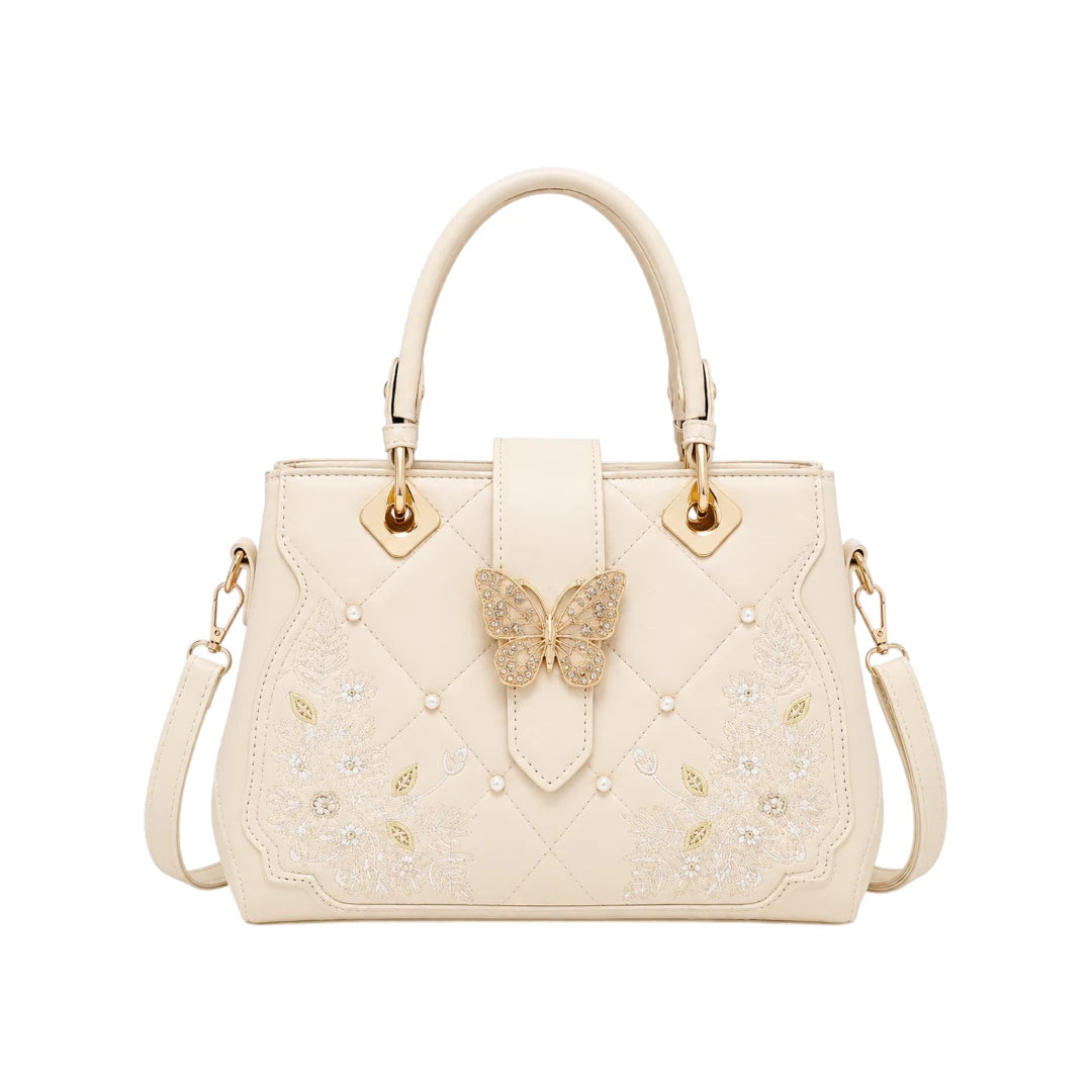 Bag Edits Ivory Faux Leather Bag with Butterfly & Floral Embellishments