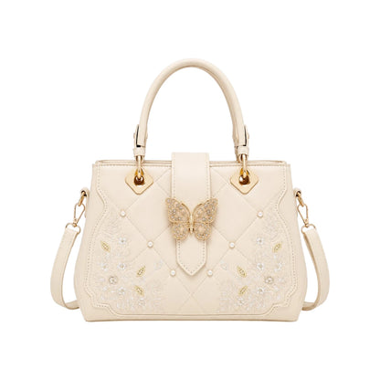 Bag Edits Ivory Faux Leather Bag with Butterfly & Floral Embellishments