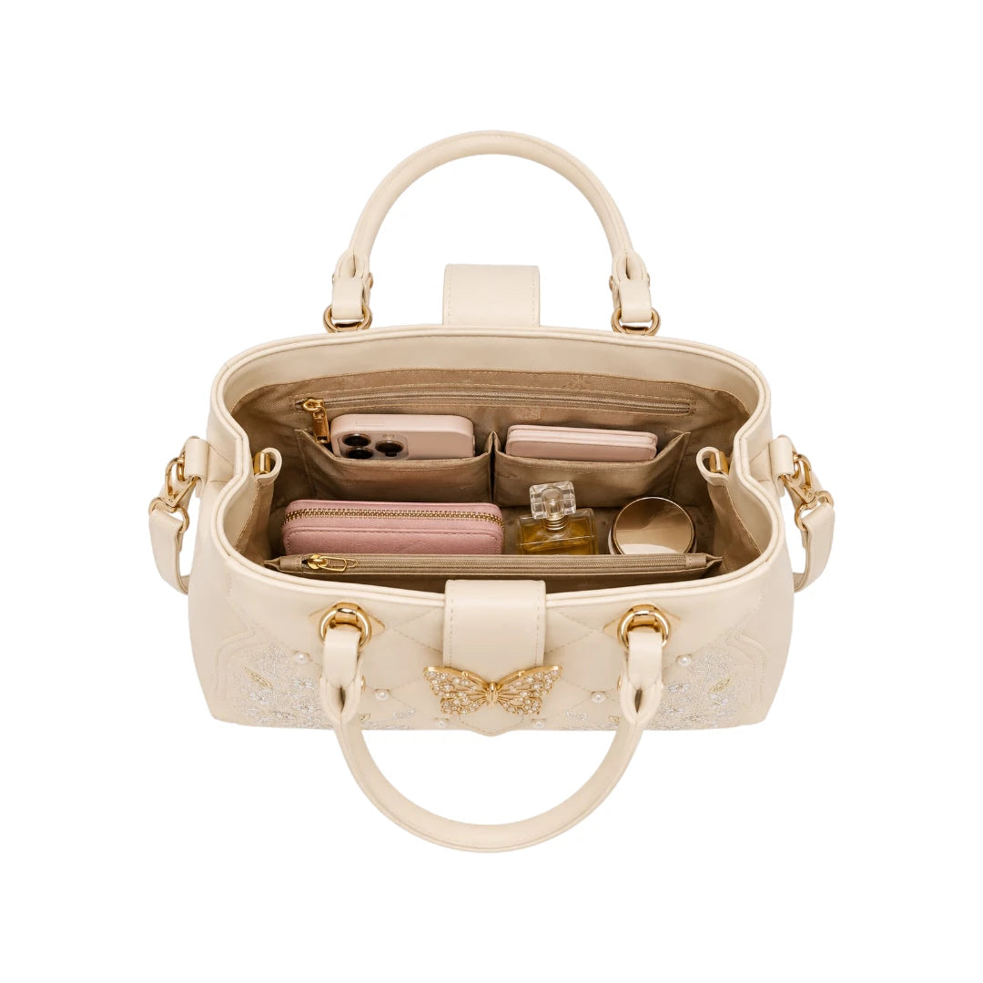 Bag Edits Ivory Faux Leather Bag with Butterfly & Floral Embellishments